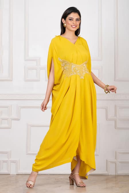 Megha Garg_Yellow Crepe Embroidery V-neck Floral Jumpsuit _Online_at_Aza_Fashions