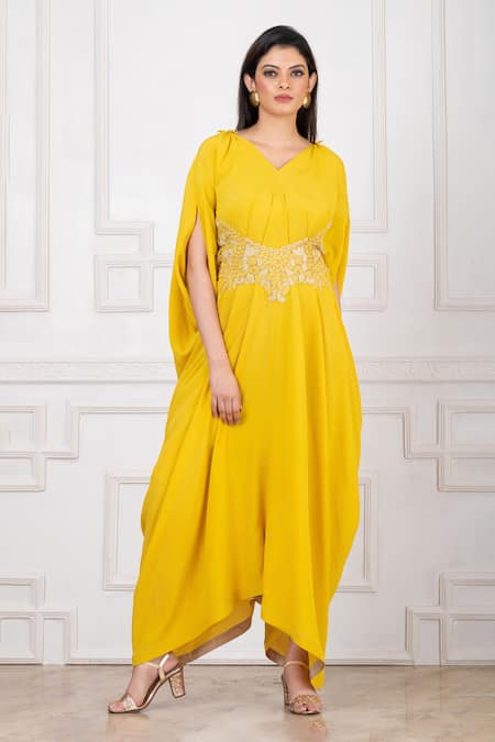 Buy_Megha Garg_Yellow Crepe Embroidery V-neck Floral Jumpsuit _Online_at_Aza_Fashions