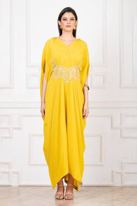Shop_Megha Garg_Yellow Crepe Embroidery V-neck Floral Jumpsuit _Online_at_Aza_Fashions