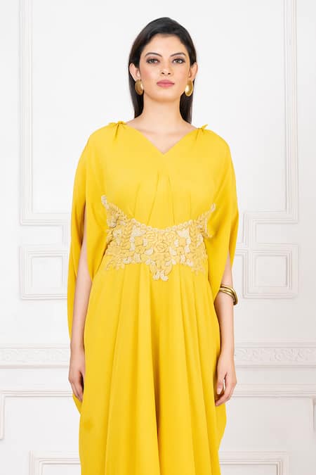 Megha Garg_Yellow Crepe Embroidery V-neck Floral Jumpsuit _at_Aza_Fashions