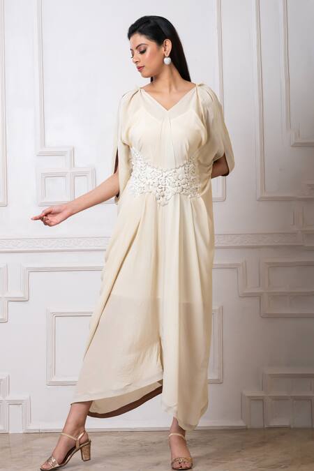 Megha Garg_Off White Crepe Embroidery V-neck Draped Jumpsuit _Online_at_Aza_Fashions
