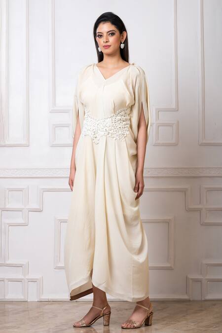Buy_Megha Garg_Off White Crepe Embroidery V-neck Draped Jumpsuit _Online_at_Aza_Fashions