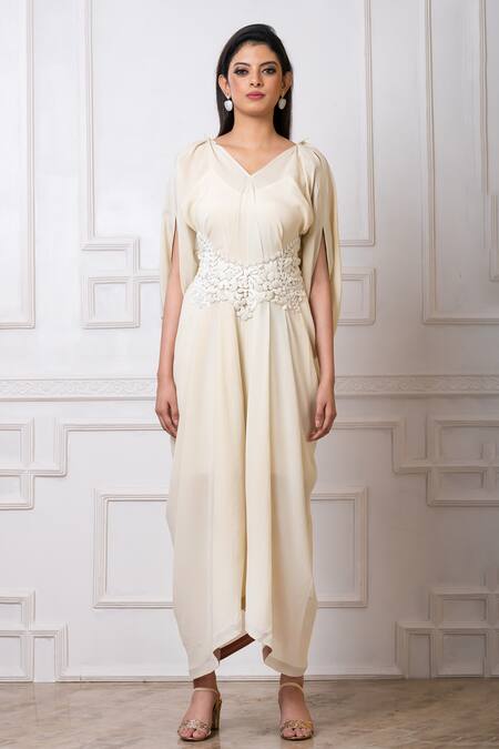 Shop_Megha Garg_Off White Crepe Embroidery V-neck Draped Jumpsuit _Online_at_Aza_Fashions