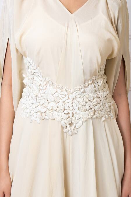 Megha Garg_Off White Crepe Embroidery V-neck Draped Jumpsuit _at_Aza_Fashions