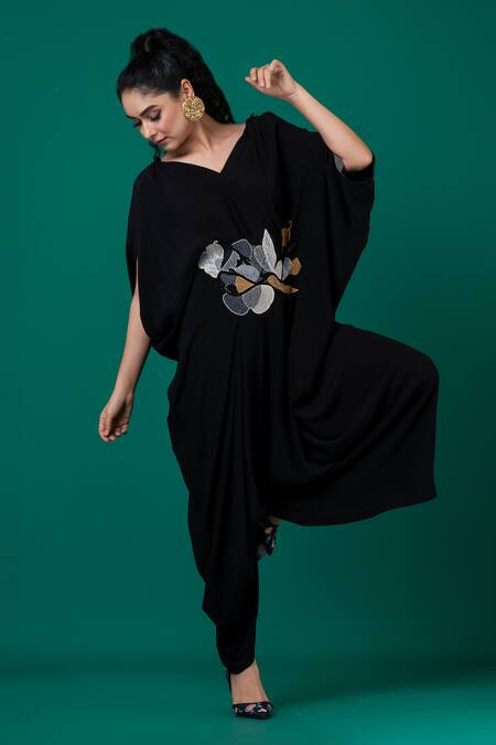 Megha Garg_Black Crepe Embroidery V-neck Cutdana Jumpsuit _Online_at_Aza_Fashions