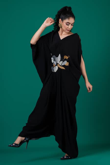 Buy_Megha Garg_Black Crepe Embroidery V-neck Cutdana Jumpsuit _Online_at_Aza_Fashions