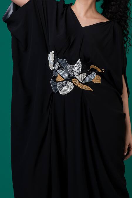 Megha Garg_Black Crepe Embroidery V-neck Cutdana Jumpsuit _at_Aza_Fashions