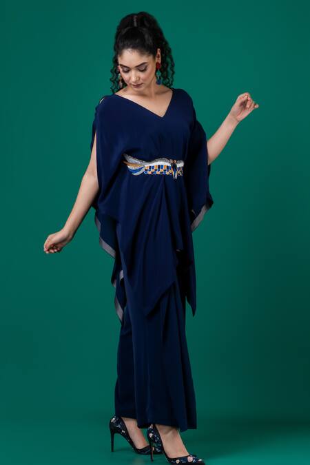 Shop Megha Garg Blue Lycra, Crepe Cut Work V-neck Cutdana Embroidered Top With Pant Online at Aza Fashions Shop_Megha Garg_Blue Lycra, Crepe Cut Work V-neck Cutdana Embroidered Top With Pant _Online_at_Aza_Fashions