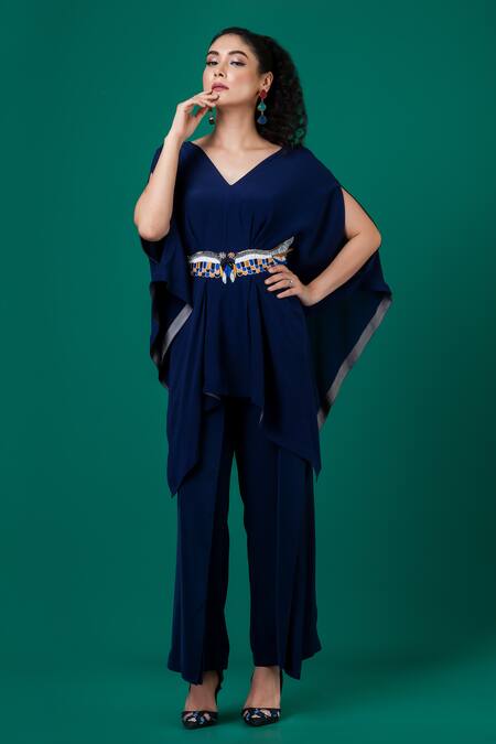 Megha Garg Blue Lycra, Crepe Cut Work V-neck Cutdana Embroidered Top With Pant at Aza Fashions Megha Garg_Blue Lycra, Crepe Cut Work V-neck Cutdana Embroidered Top With Pant _at_Aza_Fashions
