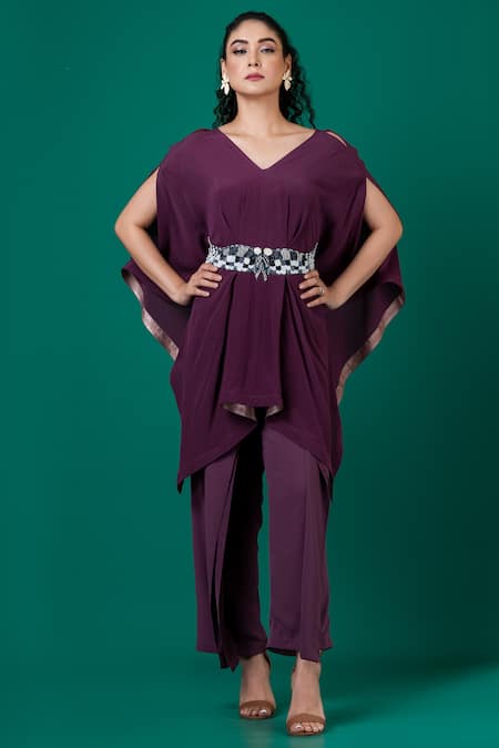Megha Garg_Purple Lycra, Crepe Embroidery V-neck Draped Top With Pant _Online_at_Aza_Fashions