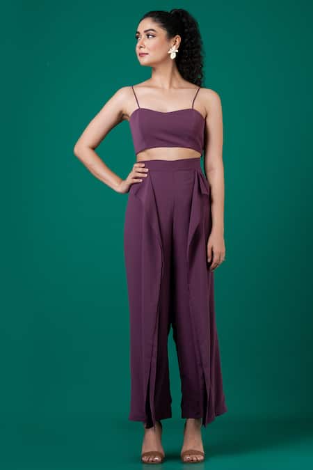 Buy_Megha Garg_Purple Lycra, Crepe Embroidery V-neck Draped Top With Pant _Online_at_Aza_Fashions