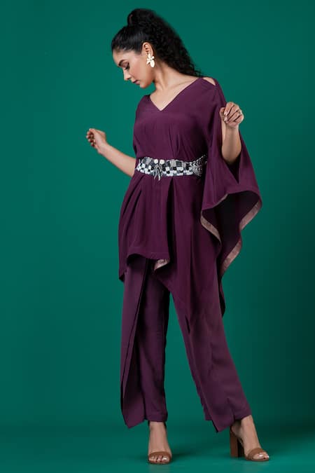 Shop_Megha Garg_Purple Lycra, Crepe Embroidery V-neck Draped Top With Pant _Online_at_Aza_Fashions