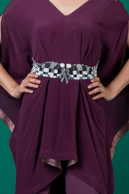 Megha Garg_Purple Lycra, Crepe Embroidery V-neck Draped Top With Pant _at_Aza_Fashions