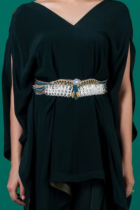 Megha Garg_Green Lycra, Crepe Cut Work, Embroidery V-neck Draped Top With Pant _Online_at_Aza_Fashions