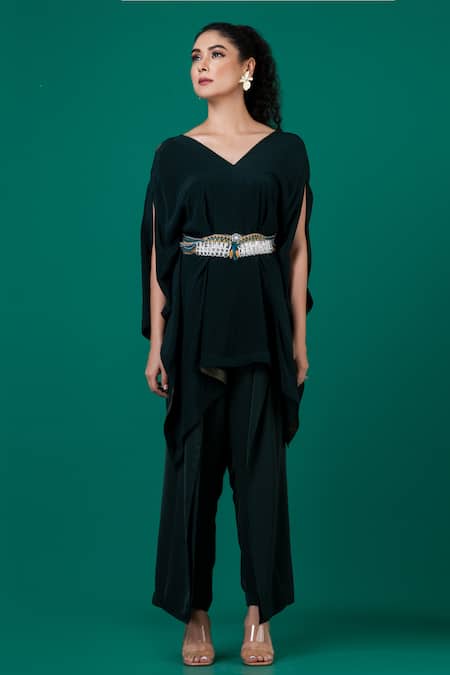 Buy_Megha Garg_Green Lycra, Crepe Cut Work, Embroidery V-neck Draped Top With Pant _Online_at_Aza_Fashions
