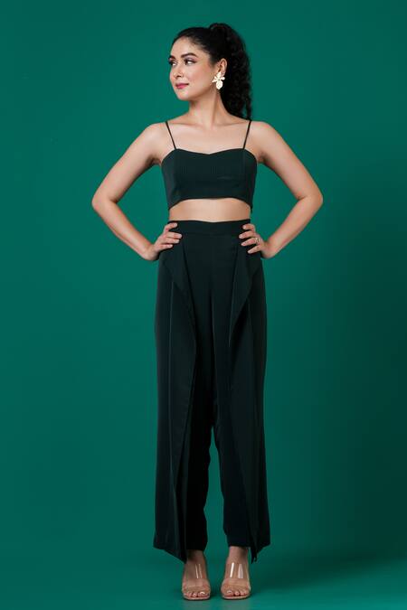 Shop_Megha Garg_Green Lycra, Crepe Cut Work, Embroidery V-neck Draped Top With Pant _Online_at_Aza_Fashions