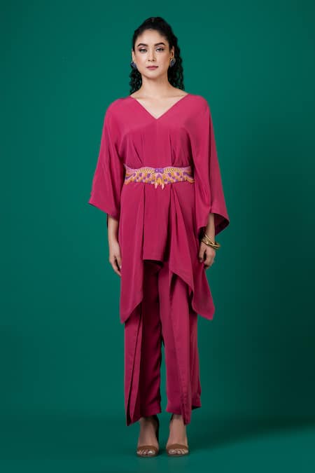 Megha Garg_Peach Lycra, Crepe Embroidery V-neck French Knot Top With Pant _Online_at_Aza_Fashions