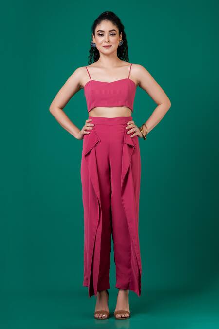 Buy_Megha Garg_Peach Lycra, Crepe Embroidery V-neck French Knot Top With Pant _Online_at_Aza_Fashions