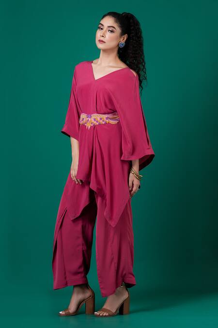 Shop_Megha Garg_Peach Lycra, Crepe Embroidery V-neck French Knot Top With Pant _Online_at_Aza_Fashions