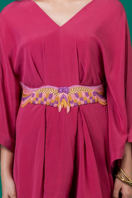 Megha Garg_Peach Lycra, Crepe Embroidery V-neck French Knot Top With Pant _at_Aza_Fashions