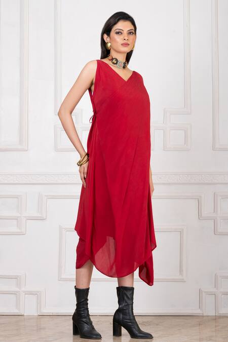 Buy_Megha Garg_Red Crepe V-neck Asymmetric Hem Dress _Online_at_Aza_Fashions