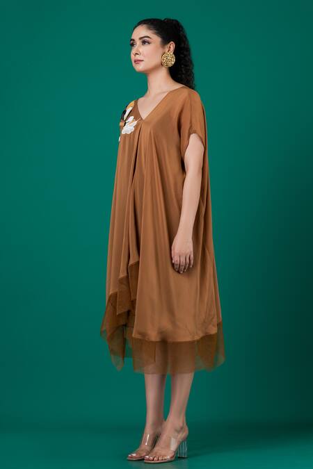 Megha Garg_Brown Chiffon Embroidery V-neck Asymmetric Placement Hand Dress _Online_at_Aza_Fashions