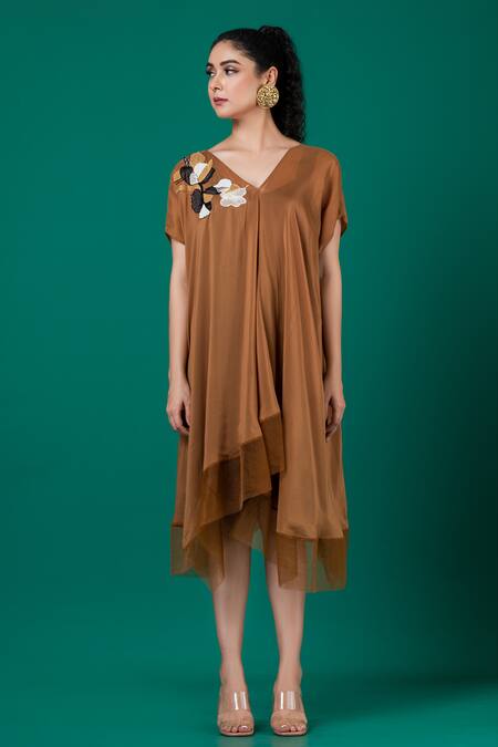 Buy_Megha Garg_Brown Chiffon Embroidery V-neck Asymmetric Placement Hand Dress _Online_at_Aza_Fashions