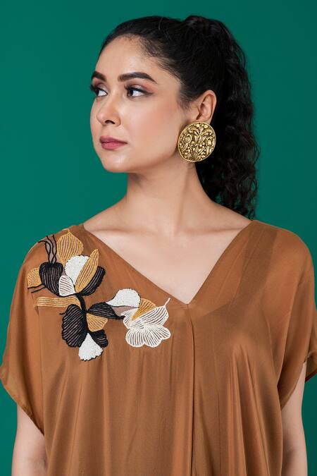 Shop_Megha Garg_Brown Chiffon Embroidery V-neck Asymmetric Placement Hand Dress _Online_at_Aza_Fashions