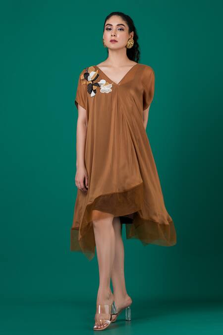 Megha Garg_Brown Chiffon Embroidery V-neck Asymmetric Placement Hand Dress _at_Aza_Fashions