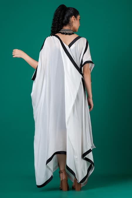 Shop_Megha Garg_White Georgette, Satin Embroidery V-neck Asymmetric Draped Dress _at_Aza_Fashions
