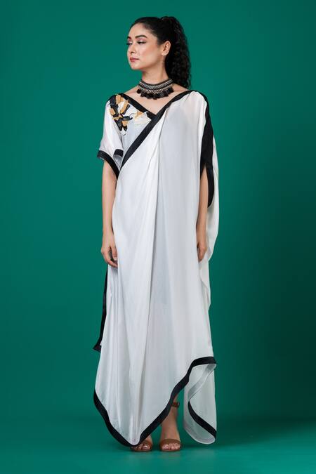 Megha Garg_White Georgette, Satin Embroidery V-neck Asymmetric Draped Dress _Online_at_Aza_Fashions