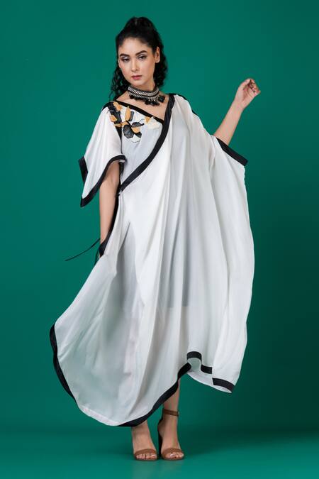Buy_Megha Garg_White Georgette, Satin Embroidery V-neck Asymmetric Draped Dress _Online_at_Aza_Fashions