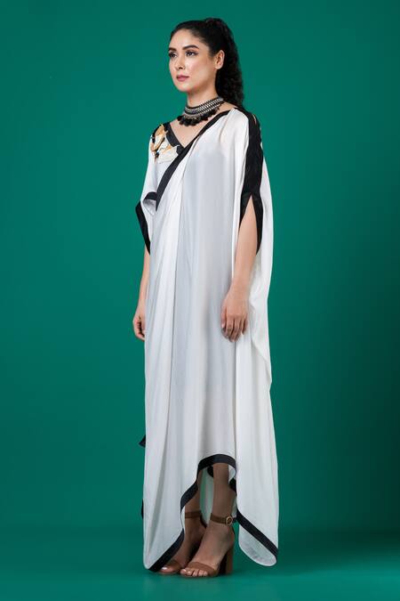 Shop_Megha Garg_White Georgette, Satin Embroidery V-neck Asymmetric Draped Dress _Online_at_Aza_Fashions