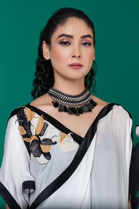 Megha Garg_White Georgette, Satin Embroidery V-neck Asymmetric Draped Dress _at_Aza_Fashions