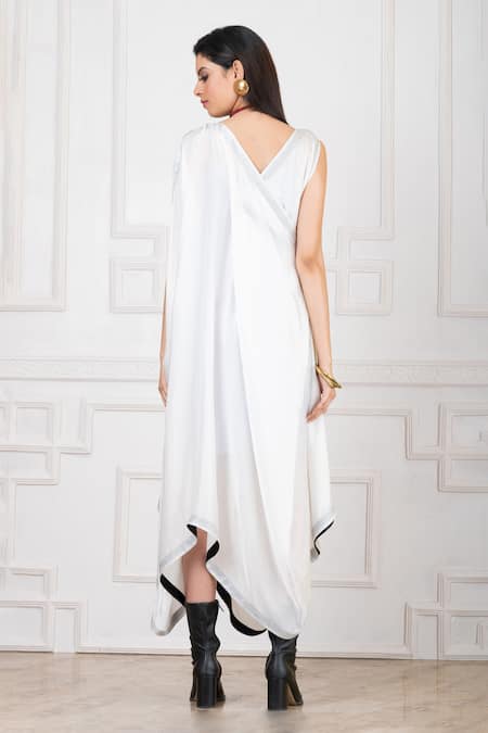 Shop_Megha Garg_White Georgette, Satin V-neck Plain Asymmetric Dress _at_Aza_Fashions