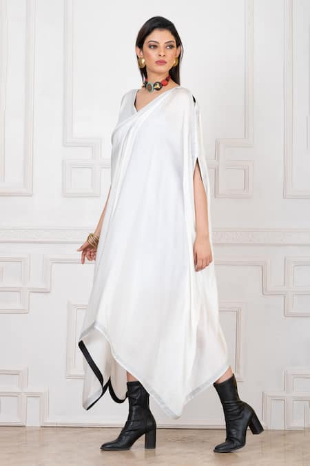 Megha Garg_White Georgette, Satin V-neck Plain Asymmetric Dress _Online_at_Aza_Fashions