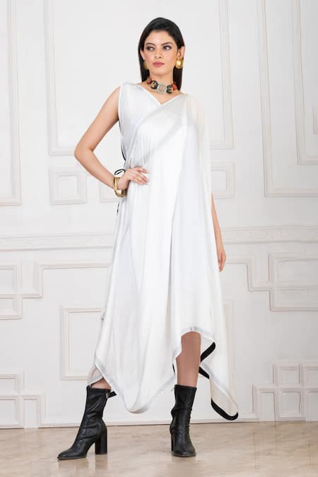 Buy_Megha Garg_White Georgette, Satin V-neck Plain Asymmetric Dress _Online_at_Aza_Fashions