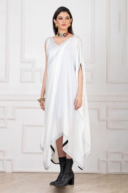 Shop_Megha Garg_White Georgette, Satin V-neck Plain Asymmetric Dress _Online_at_Aza_Fashions