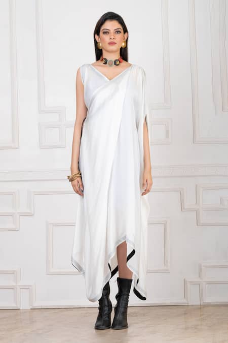 Megha Garg_White Georgette, Satin V-neck Plain Asymmetric Dress _at_Aza_Fashions