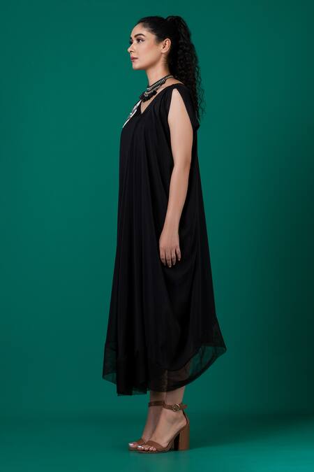 Megha Garg_Black Chiffon Embroidery V-neck Placement Hand Dress _Online_at_Aza_Fashions