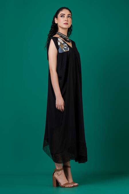 Buy_Megha Garg_Black Chiffon Embroidery V-neck Placement Hand Dress _Online_at_Aza_Fashions