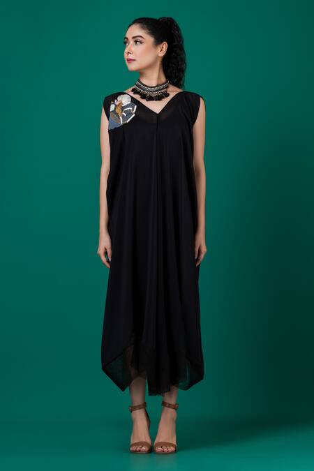 Megha Garg_Black Chiffon Embroidery V-neck Placement Hand Dress _at_Aza_Fashions
