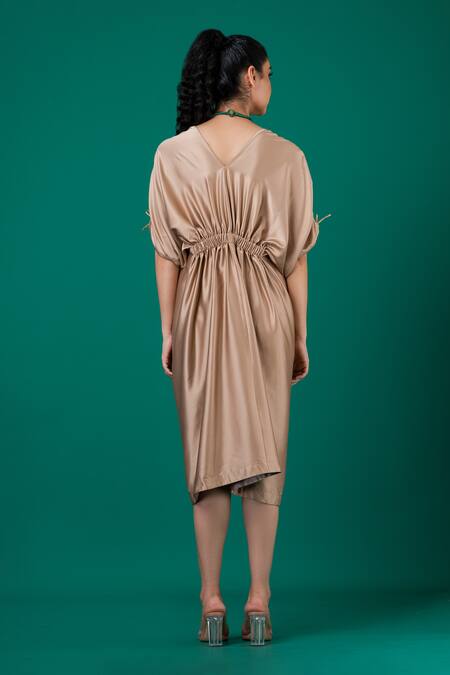 Shop_Megha Garg_Gold Satin V-neck Plain Draped Dress _at_Aza_Fashions