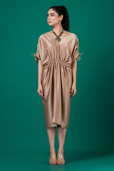 Megha Garg_Gold Satin V-neck Plain Draped Dress _Online_at_Aza_Fashions