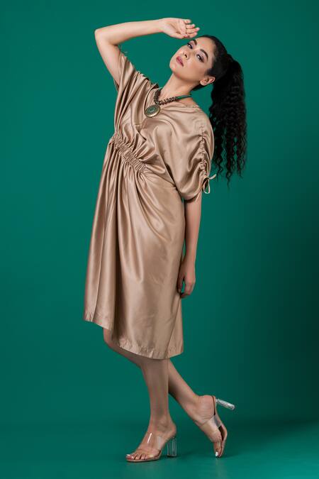 Buy_Megha Garg_Gold Satin V-neck Plain Draped Dress _Online_at_Aza_Fashions