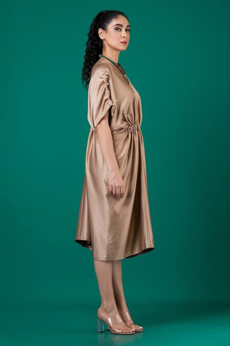 Shop_Megha Garg_Gold Satin V-neck Plain Draped Dress _Online_at_Aza_Fashions