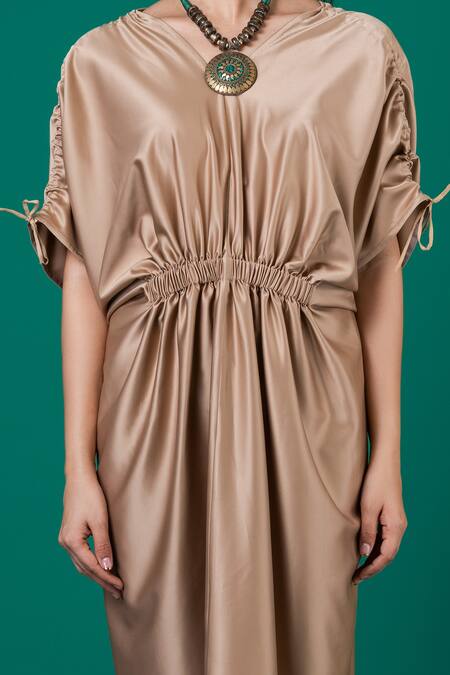 Megha Garg_Gold Satin V-neck Plain Draped Dress _at_Aza_Fashions