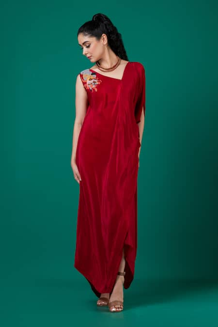 Megha Garg Red Art Crepe Floral Placement Hand Embroidery V Neck Draped Dress 