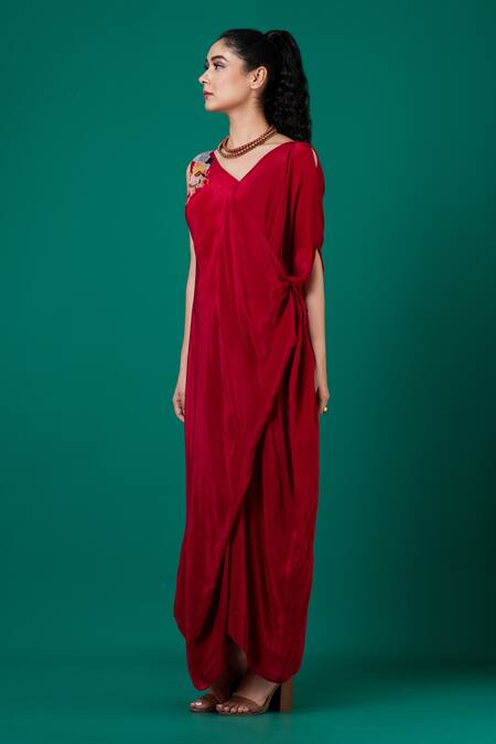 Buy_Megha Garg_Red Crepe Embroidery V-neck Placement Hand Draped Dress _Online_at_Aza_Fashions