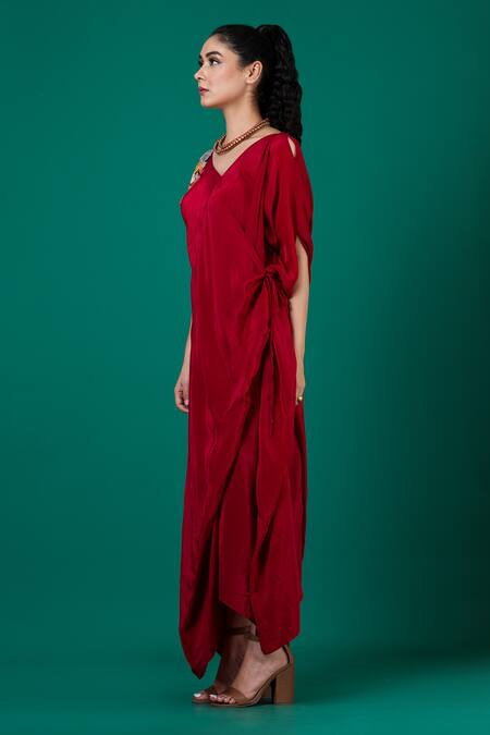 Shop_Megha Garg_Red Crepe Embroidery V-neck Placement Hand Draped Dress _Online_at_Aza_Fashions